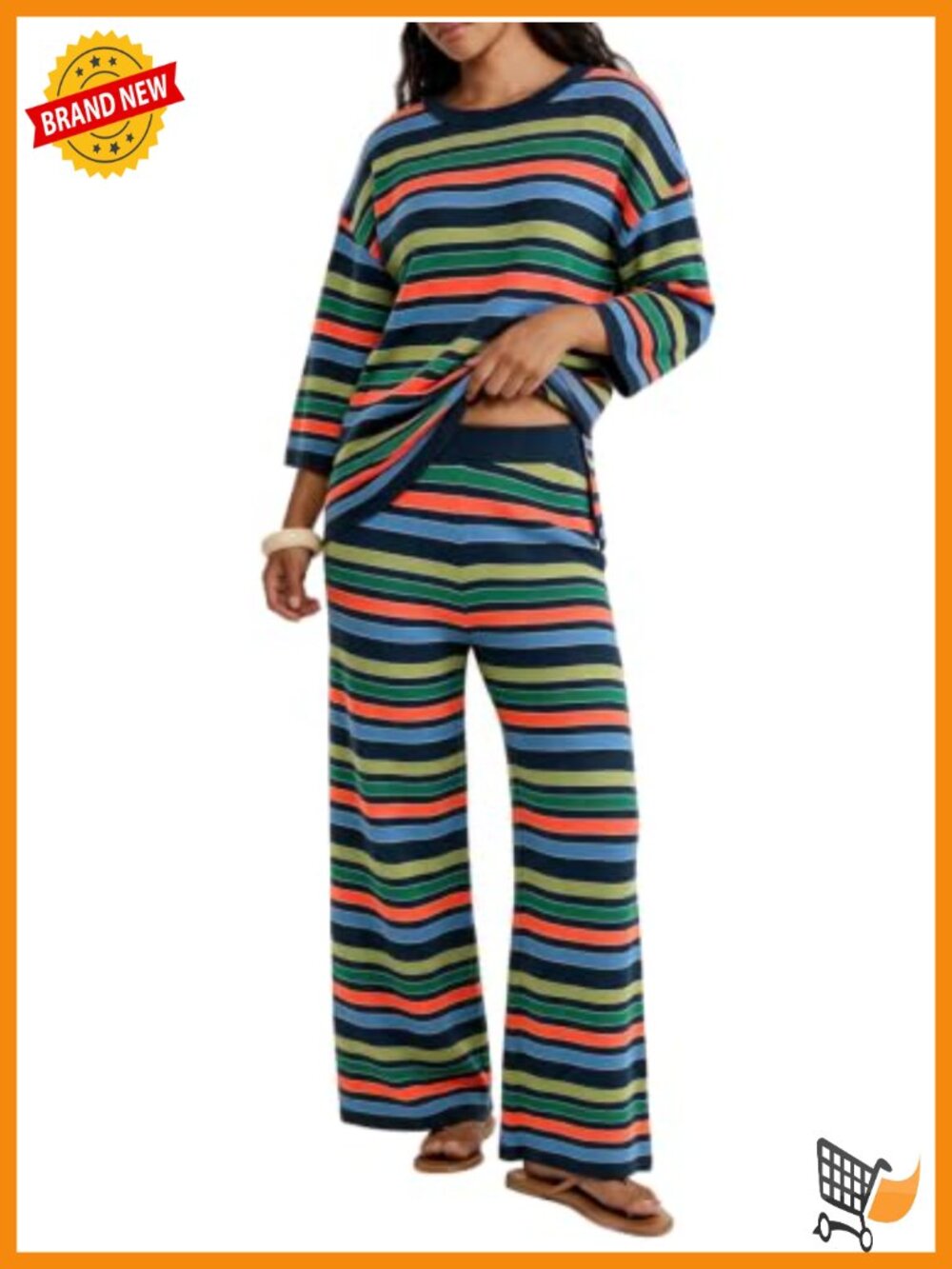 Striped 2 Piece Sweater Set Wide Leg Pants Drop Shoulder Lounge